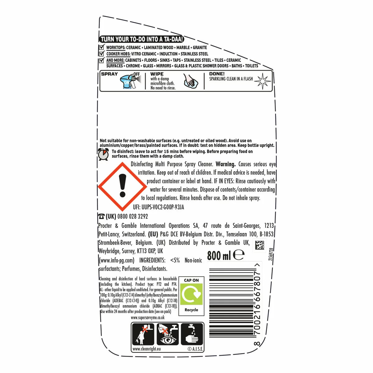 Flash Spray Wipe Hinched Multi Purpose Cleaner Wild Berries 800ml bottle ingredients & barcode