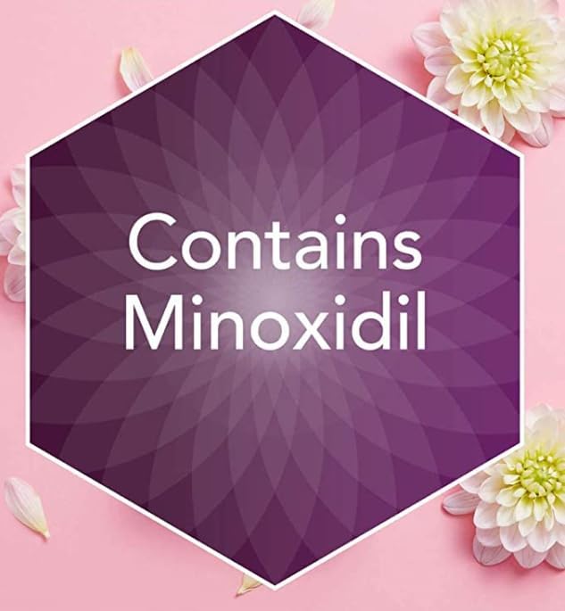 Hexagonal purple label with 'Contains Minoxidil' text on a pink background with flowers.