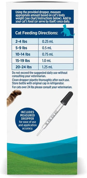Supplement facts, ingredients, and directions for cat fish oil liquid.