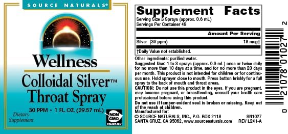 Barcode image: Source Naturals colloidal silver throat spray liquid bottle barcode 29.57ml
