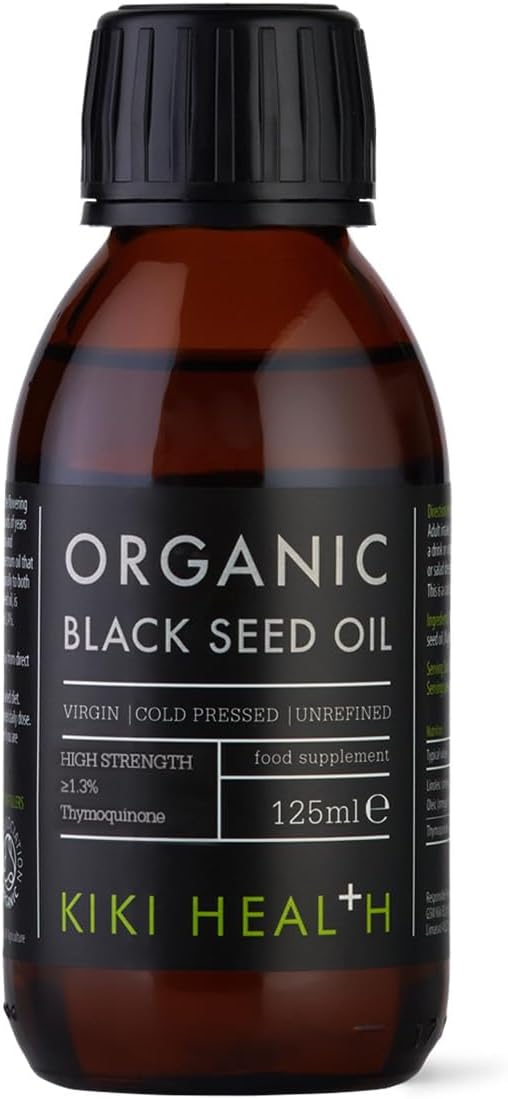 Front image: KIKI Health organic black seed oil cold pressed liquid bottle 125ml