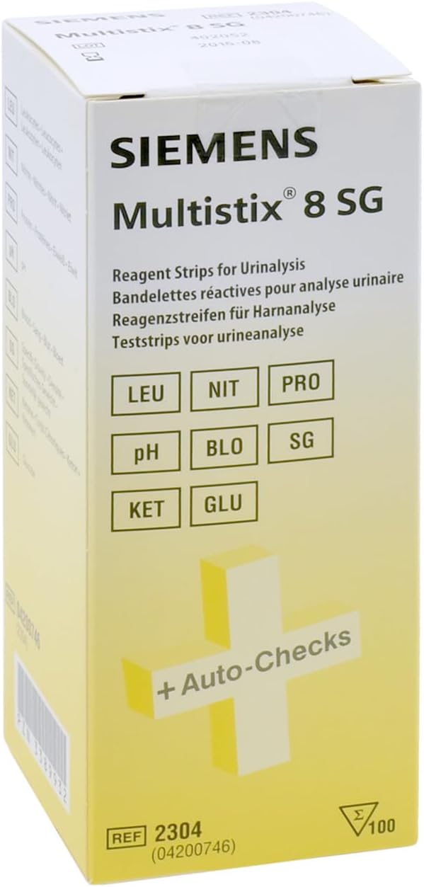 Box of Siemens Multistix 8 SG Urine Reagent Test Strips, 100 count.