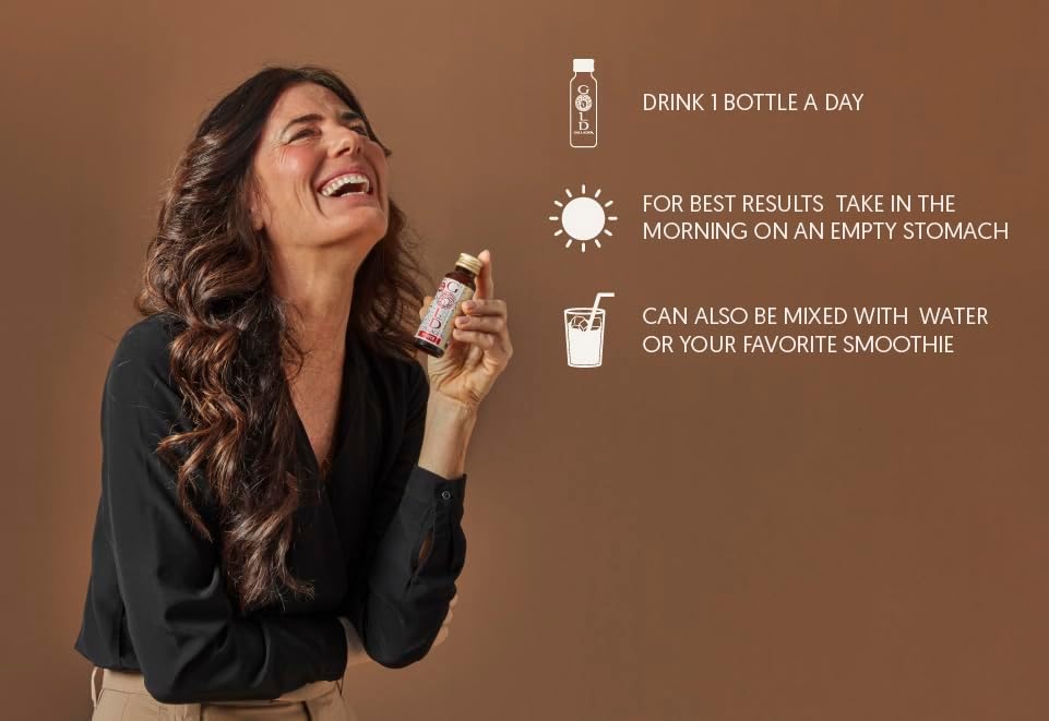 Woman holding a bottle with instructions on a brown background