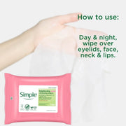 Simple Kind to Skin Brightening Cleansing Wipes, resealable pack packaging, fragrance-free, 20 wipes, facial cleansing directions