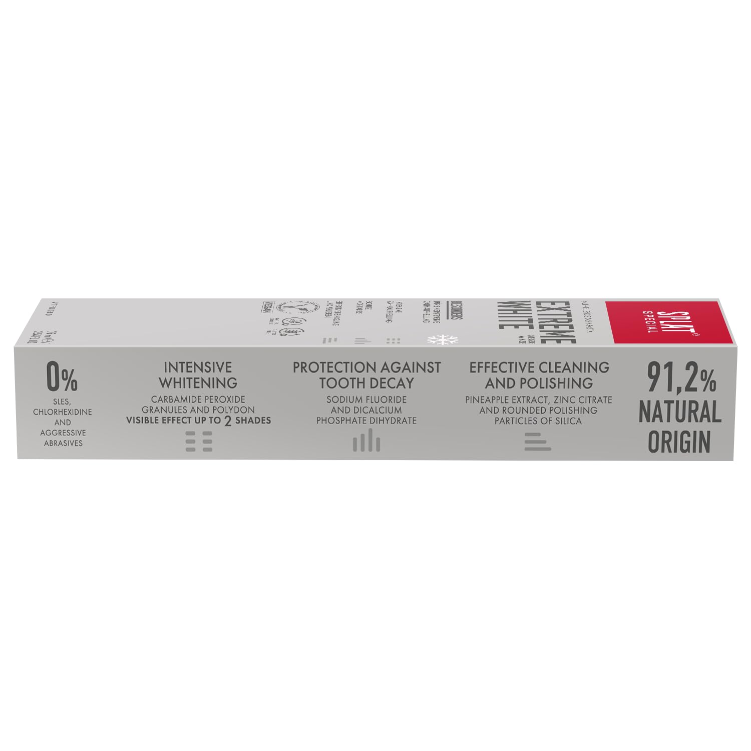 Ingredients and certifications (Vegan, Natural) for SPLAT toothpaste.