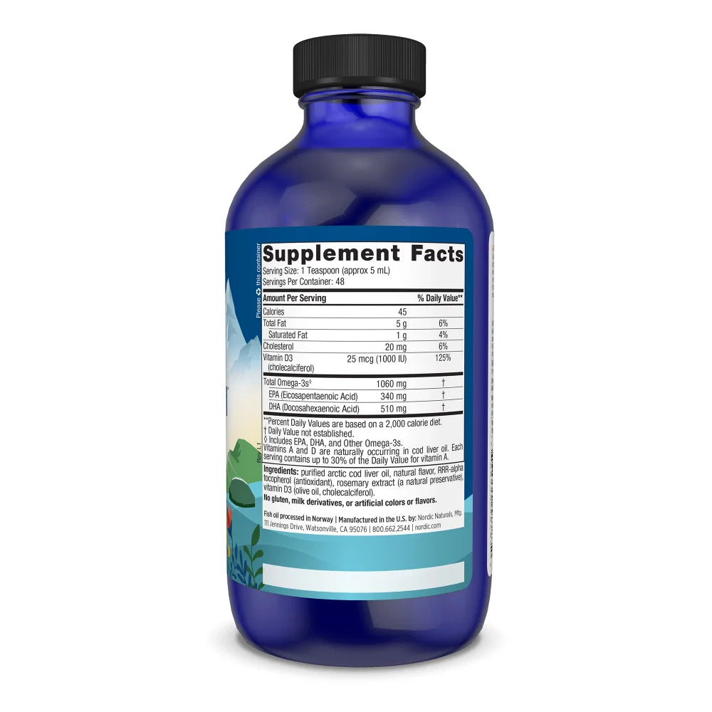 Supplement facts label for Nordic Naturals Cod Liver Oil with Vitamin D3.