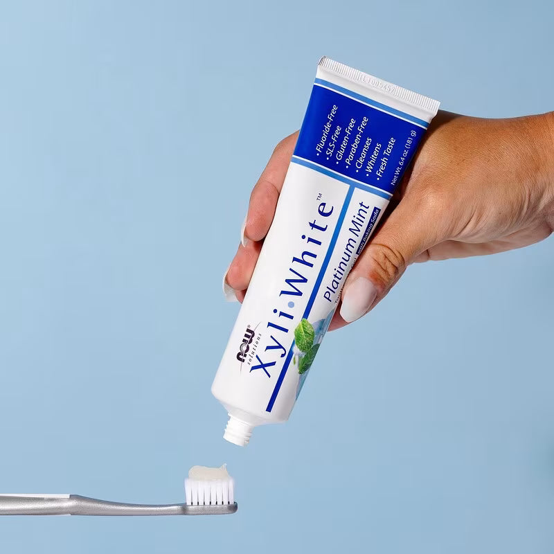 NOW Solutions XyliWhite Platinum Mint Toothpaste Gel 181g tube displayed for daily oral care