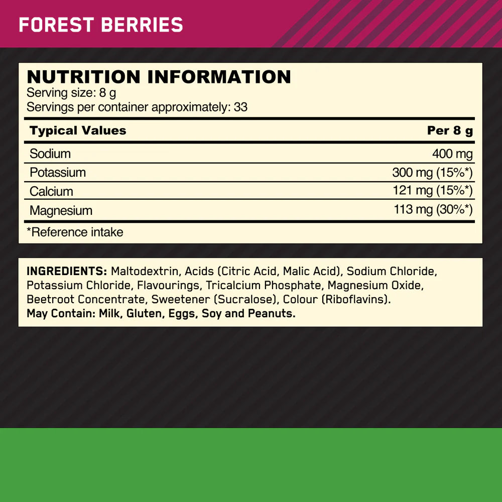 Optimum Nutrition Electrolyte Powder Forest Berries supplement facts and ingredients label 264g tub