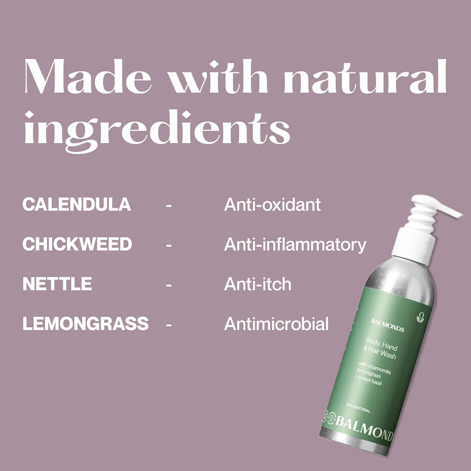 ingredients image: Balmonds Body Hand and Hair Wash 200ml ingredients herbal extracts calendula chamomile nettle