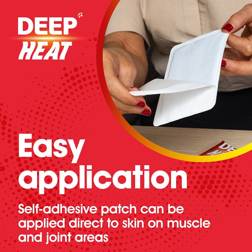Deep Heat Pain Relief Heat Patch sachet packaging air activated heat patch 12 count application instructions image