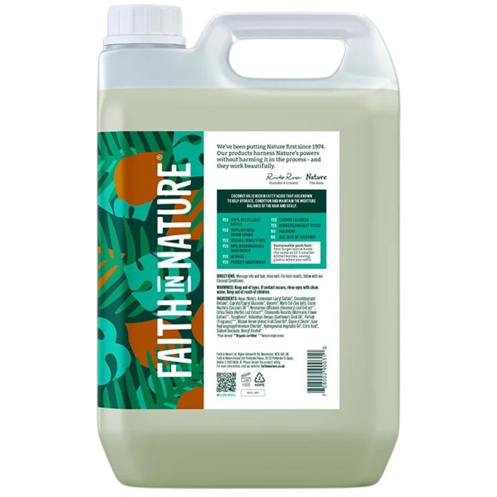 Faith In Nature Coconut Hydrating Shampoo Refill, 5 litre refill bottle packaging, coconut, 5L, ingredients & barcode