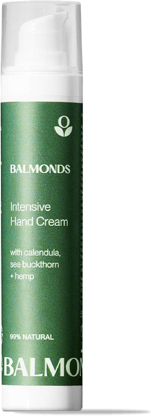 Front image: Balmonds Intensive Hand Cream 50ml tube natural hand moisturiser packaging