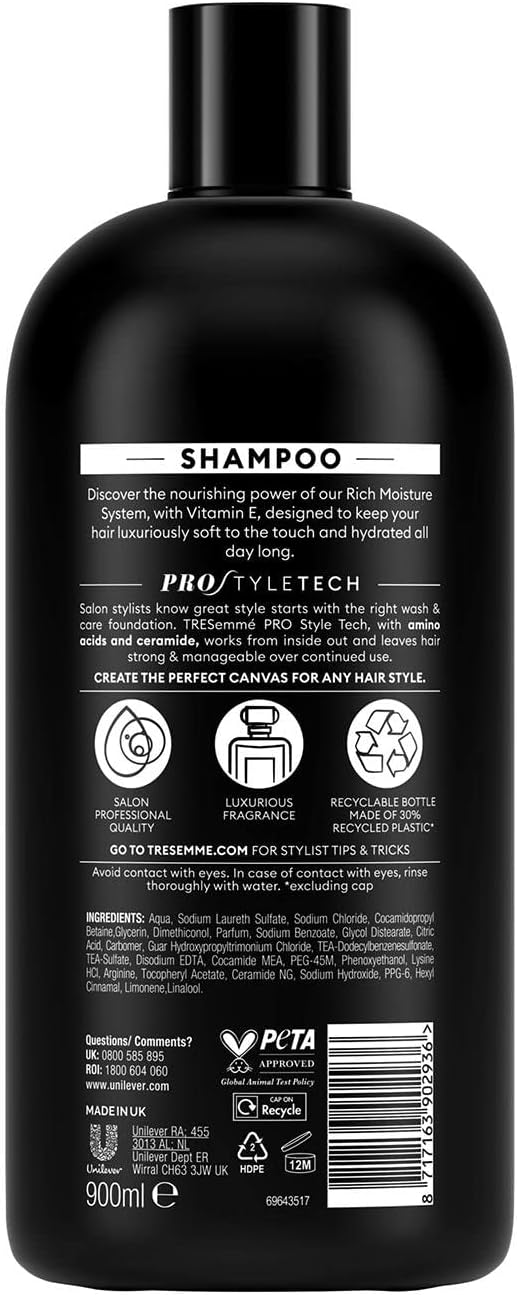 Ingredients, barcode and usage for TRESemmé Moisture Rich Shampoo.