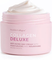 Pink jar of Swedish Collagen Collagen Deluxe anti-aging day cream on a white background
