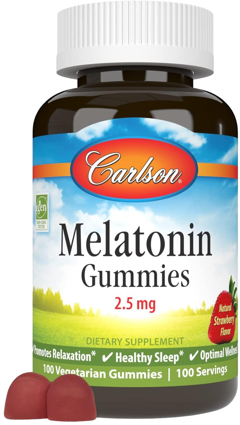 Front image: Carlson Melatonin gummies 2.5 mg strawberry vegetarian gummy 100 bottle