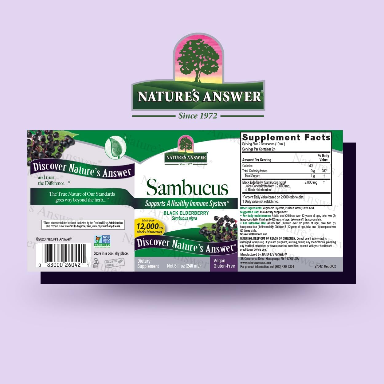 Nature’s Answer Sambucus elderberry syrup 240ml barcode on a light purple background