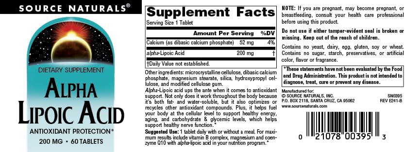 Source Naturals Alpha Lipoic Acid 200mg Tablets - 60 Count label