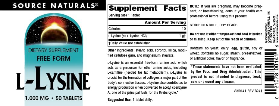 Source Naturals L-Lysine 1000mg Free Form - 50 Tablets label