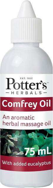 Potter's Herbals Comfrey & Eucalyptus Massage Oil bottle, 75ml.