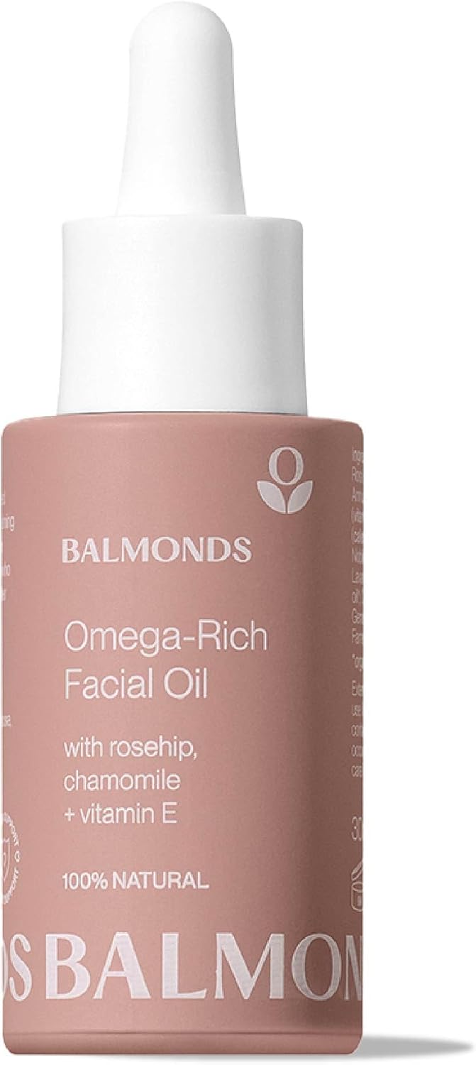 Front image: Balmonds Omega Rich Facial Oil 30ml bottle natural skincare oil packaging