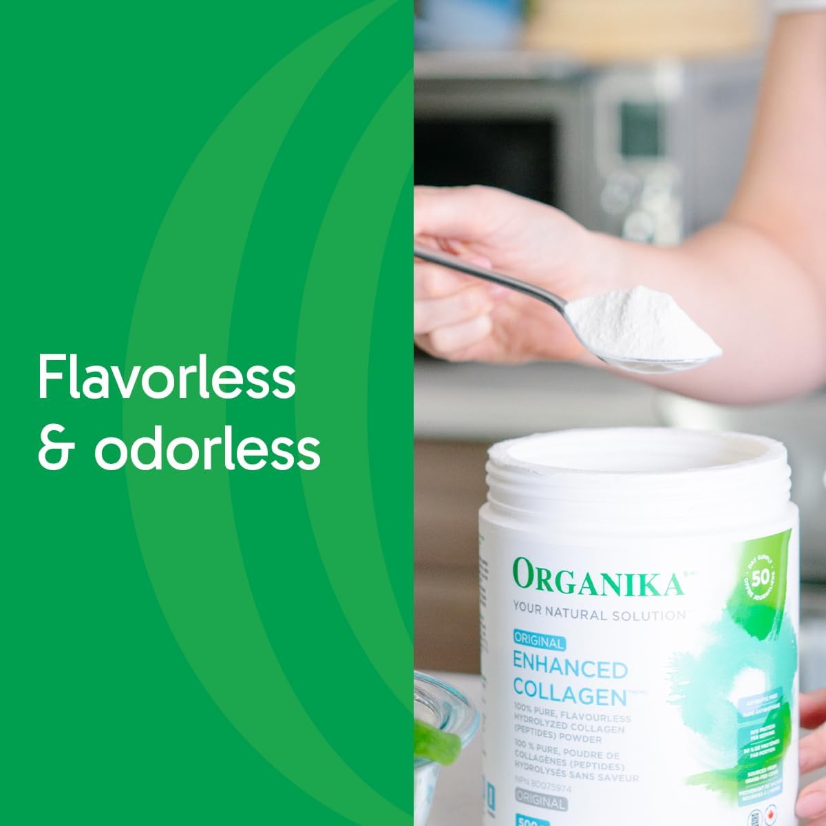 Metal scoop in Organika collagen powder on a clean background.