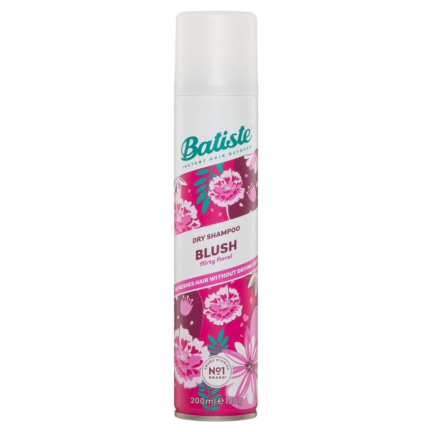 Batiste Dry Shampoo Blush Flirty Floral 200ml can, pink design on white background.