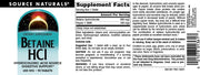 Source Naturals Betaine HCL 650mg with Pepsin - 90 Tablets label