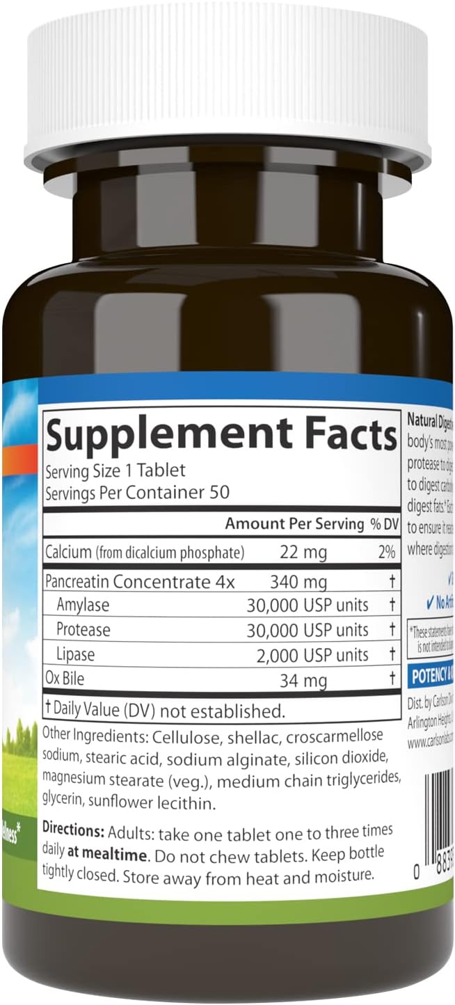 Supplement facts & ingredients image: Carlson Digestive Enzymes protease amylase lipase supplement facts tablets 50 count