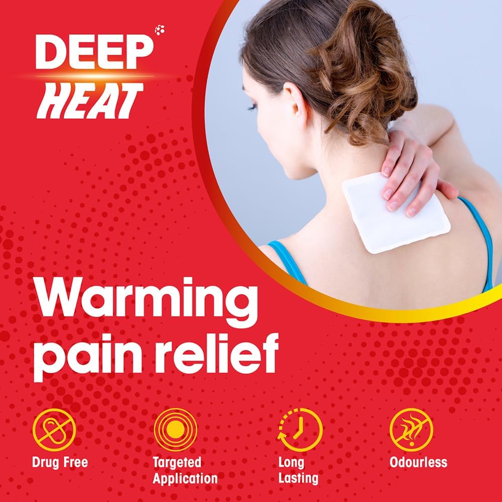 Deep Heat Pain Relief Heat Patch sachet packaging air activated heat patch 1 count applied warming patch lifestyle image