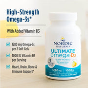 Nordic Naturals Ultimate Omega-D3 lemon flavor 60 soft gel bottle supplement.