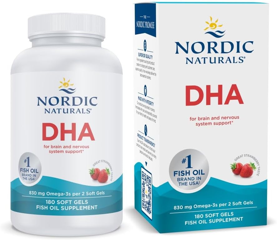 Nordic Naturals DHA fish oil supplement shown with a white plastic bottle and matching white and blue retail box on a plain white background.