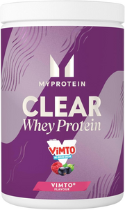 Myprotein Clear Whey Isolate protein powder tub, Vimto flavour, 1kg size.
