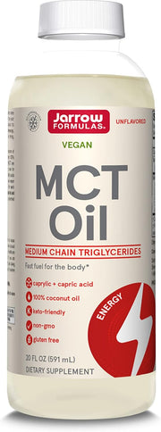 Front Image: Jarrow Formulas MCT oil unflavoured 591ml bottle front packaging coconut derived
