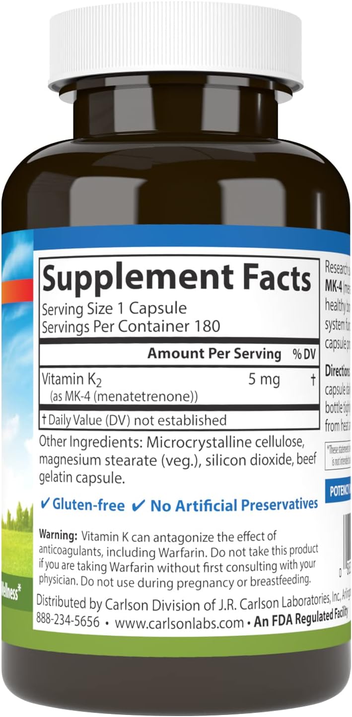Supplement facts & ingredients image: Carlson Vitamin K2 MK4 5 mg supplement facts capsules 180 count