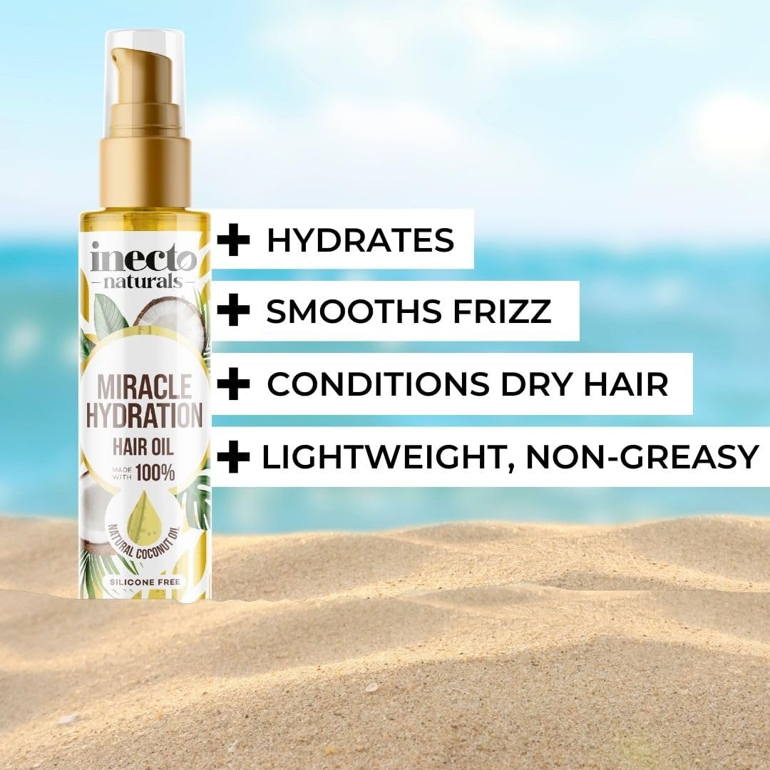 Inecto Naturals Miracle Hydration Hair Oil, pump bottle packaging, Coconut fragrance, 100ml, ingredients information