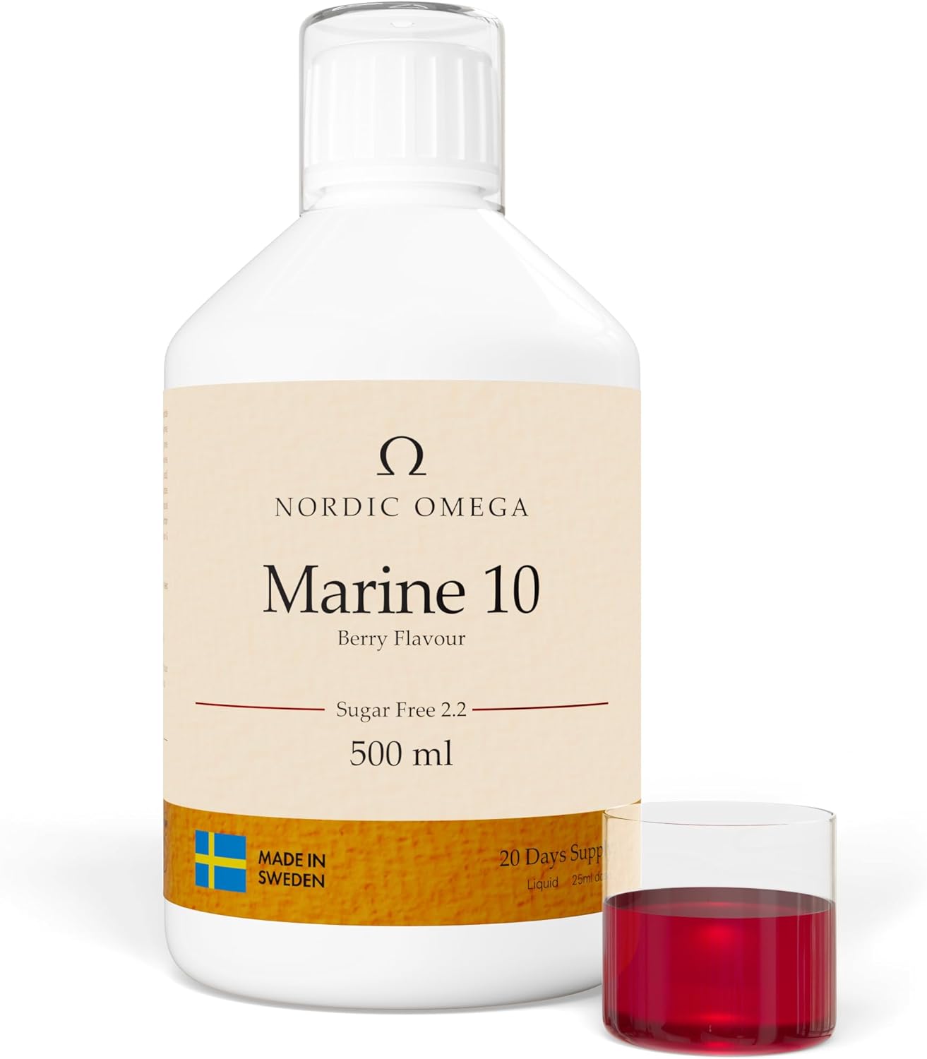 Nordic Omega Marine Collagen 10 liquid bottle berry flavour sugar free 500ml with dosage