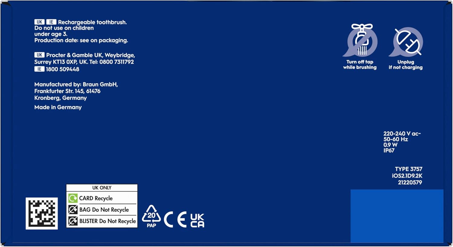 Top of Oral-B iO2 box showing features and specifications.