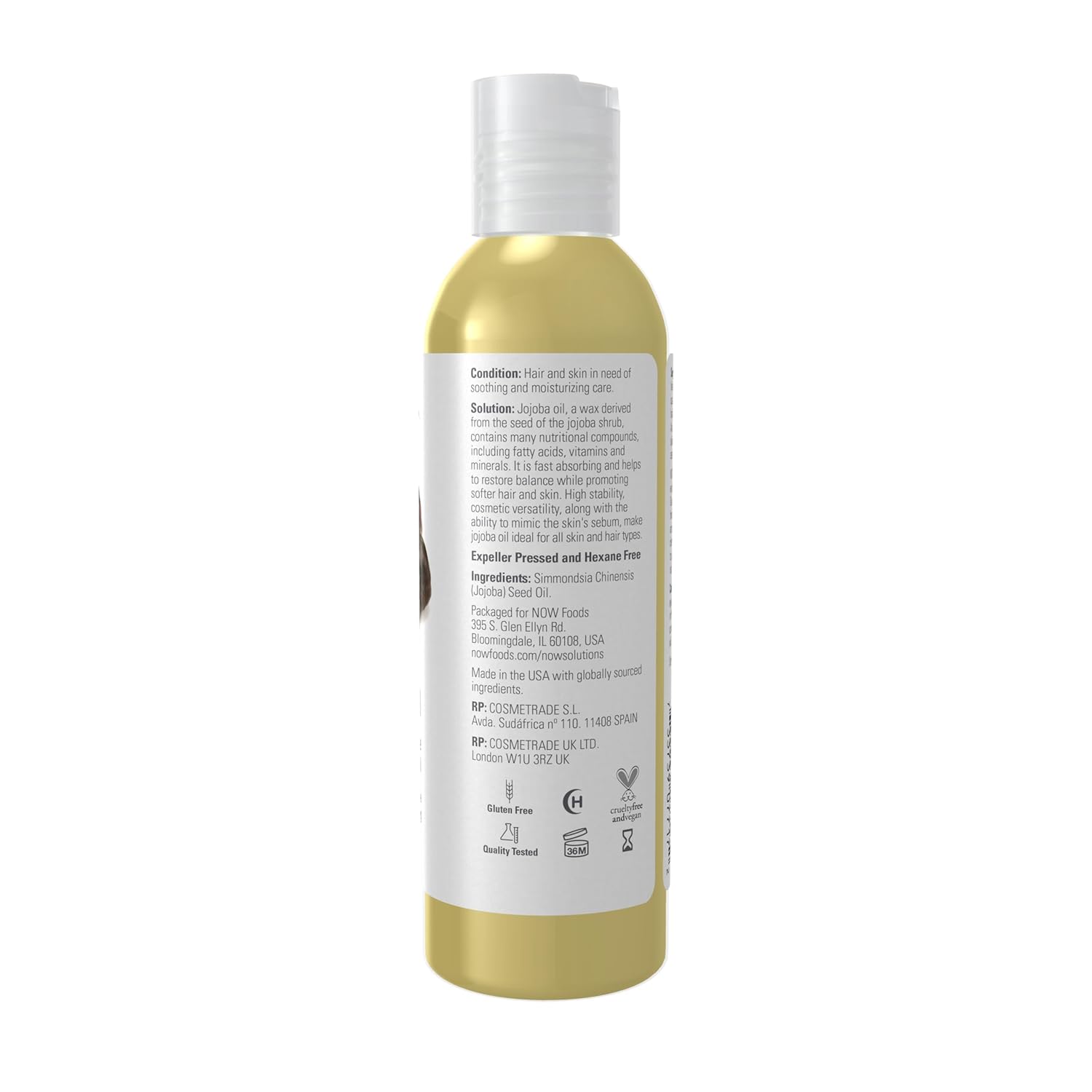 Supplement facts label and usage instructions for NOW Pure Jojoba Oil.