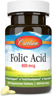 Front image: Carlson Folic Acid 800 mcg vegetarian tablets supplement bottle 300 count
