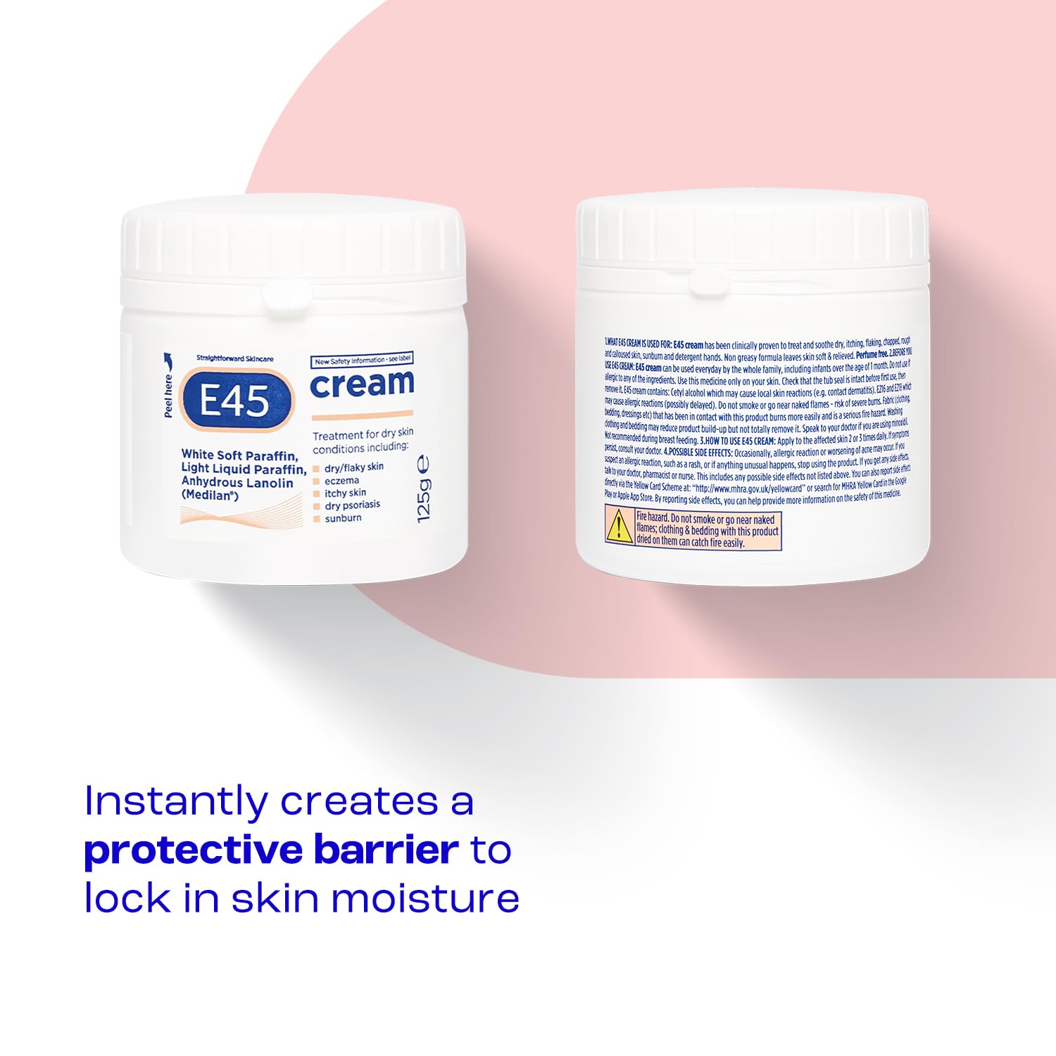 Front & back of E45 Cream tub showing ingredients and instructions.