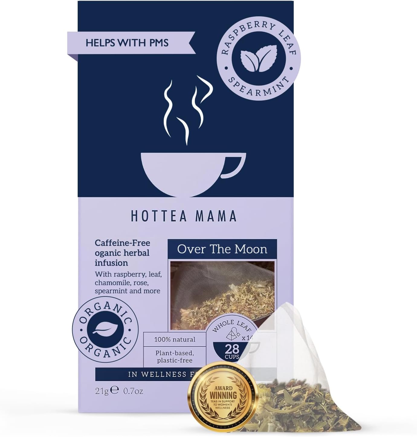 Front Image: Hottea Mama over the moon herbal tea 14 pyramid bags packaging
