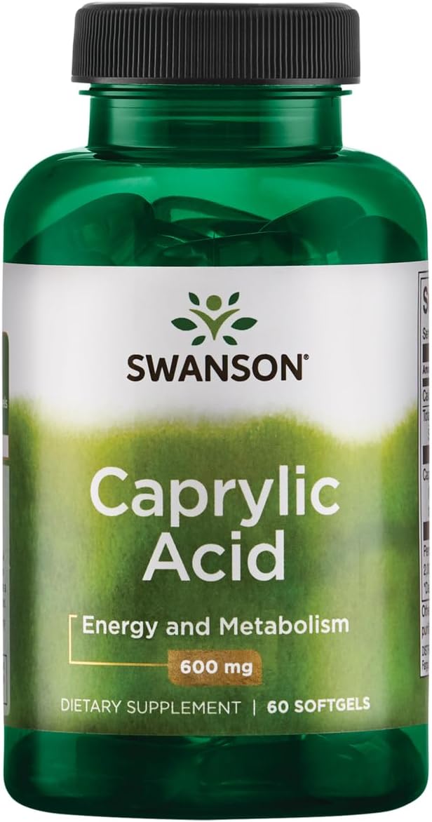 Swanson Caprylic Acid 600mg 60 Softgelsbottle on a white background
