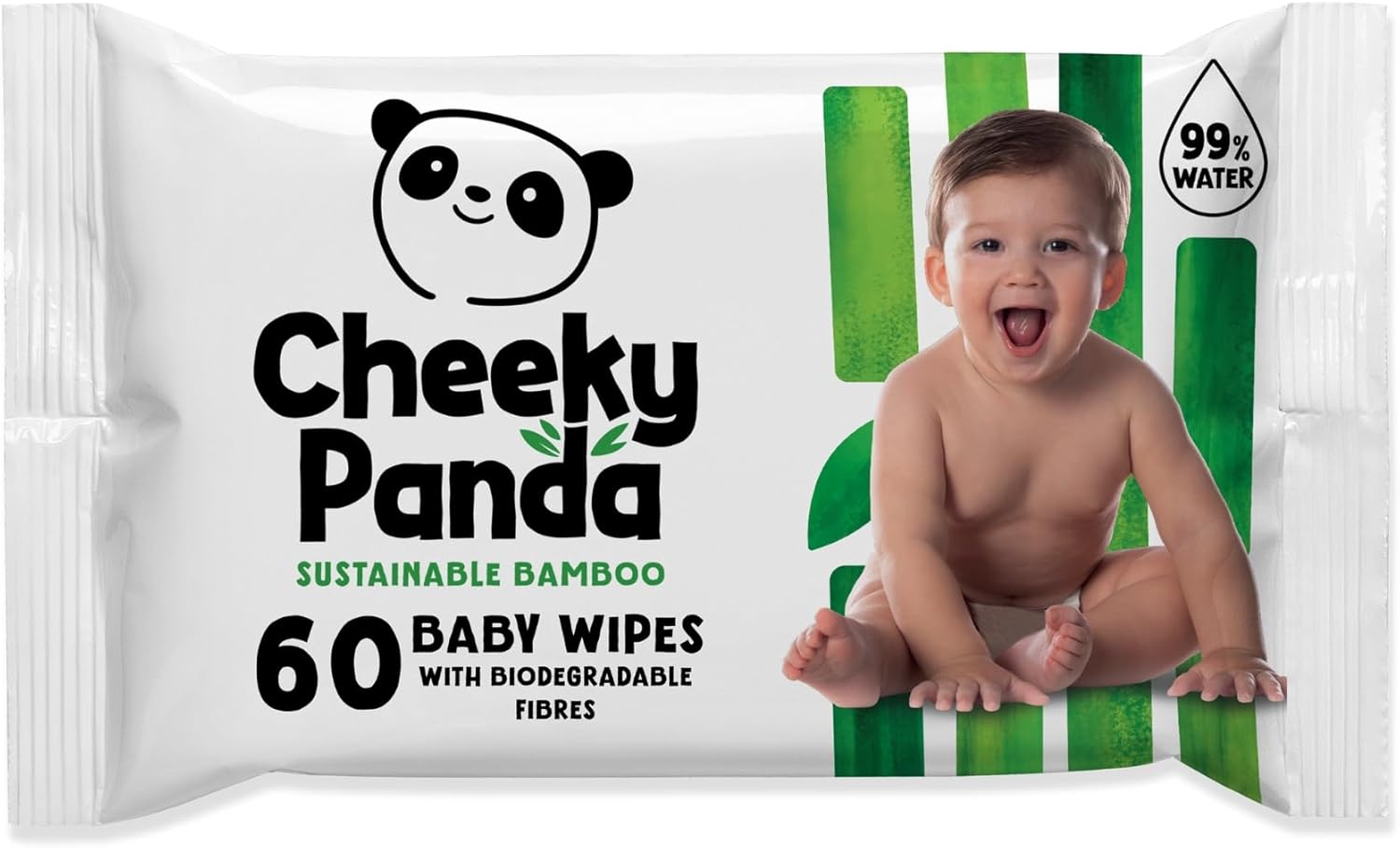 Pack of The Cheeky Panda Bamboo Baby Wipes, 60 count, on a natural background.