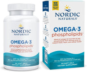 Nordic Naturals Omega-3 phospholipids dietary supplement shown as a white bottle and matching white retail box with blue and orange text on a plain white background.