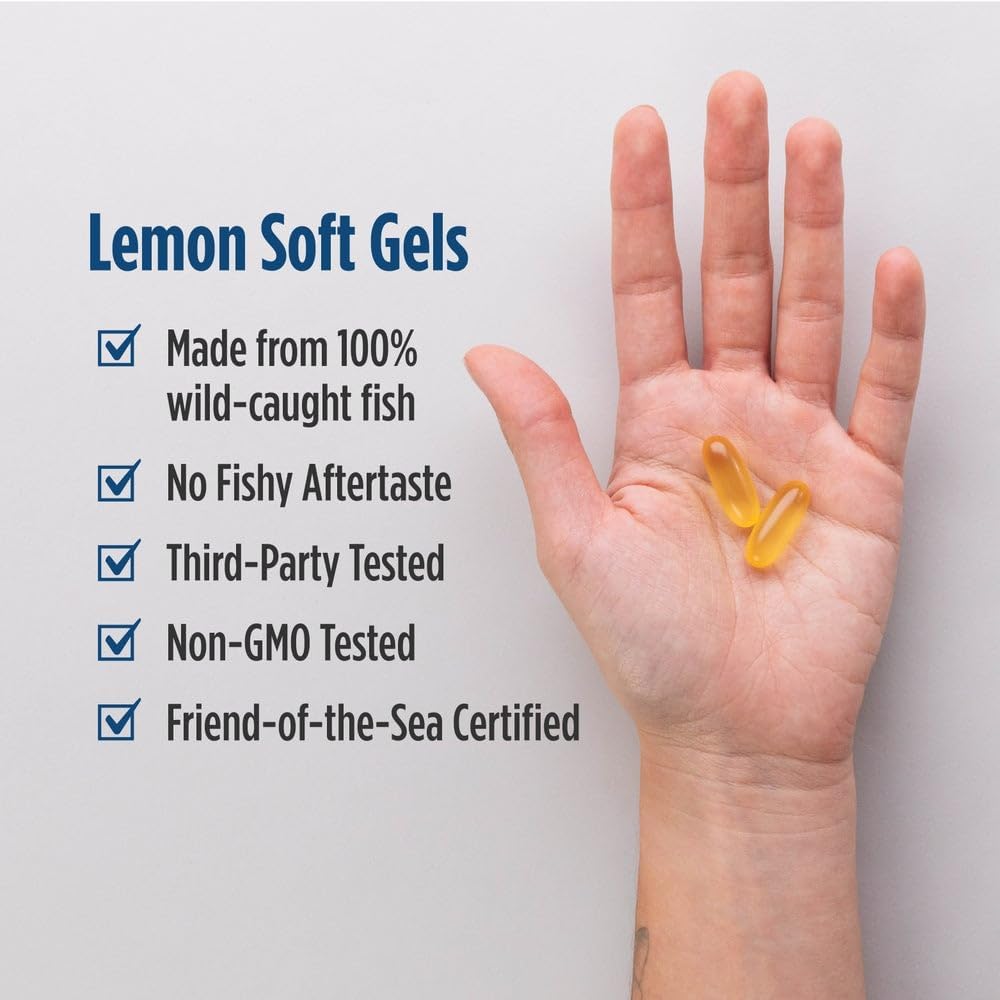 A hand holding two translucent yellow lemon soft gel capsules against a light gray background, with a text list on the left describing product benefits.
