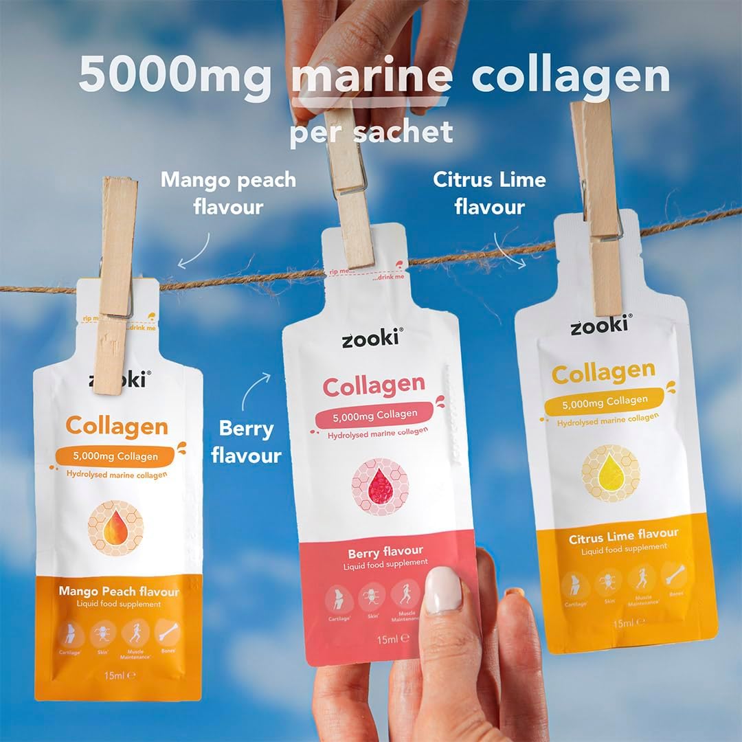 Zooki Marine Collagen 5000mg Mango Peach liquid sachets 14 x 15ml ready-to-drink daily supplement