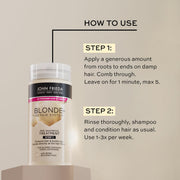 John Frieda Blonde+ Repair System Pre-Shampoo Treatment, tube packaging, fragrance not specified, 100ml, one-minute pre-wash application directions