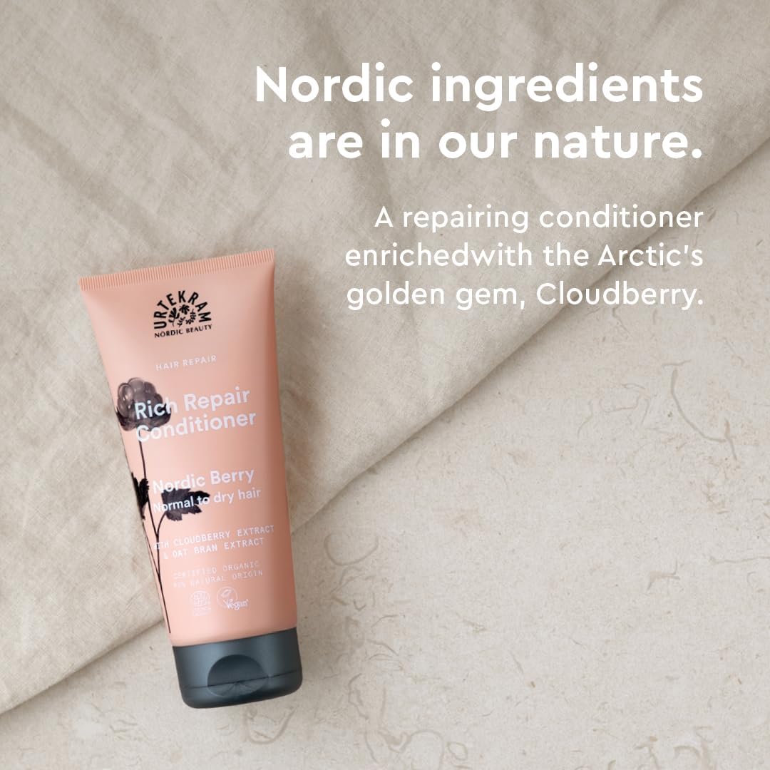 Urtekram Nordic Berry Rich Repair Conditioner, conditioner bottle packaging, fruity berry fragrance, 180ml, product information
