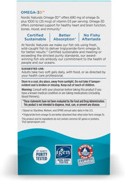 Supplement facts label for Omega-3D with Vitamin D3 and ingredients.