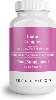 Hey Nutrition Biotin Complex bottle, 60 vegan capsules.